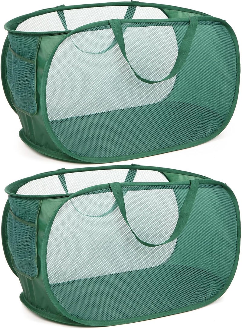 Bemkoo Sturdy Mesh Pop Up Laundry Hamper, Collapsible Laundry Baskets with Side Pocket, Foldable Clothes Hamper with Reinforced Carry Handles for Laundry, Bathroom, Kids Room, Dorm or Travel 2 Pack Emerald - Image 1